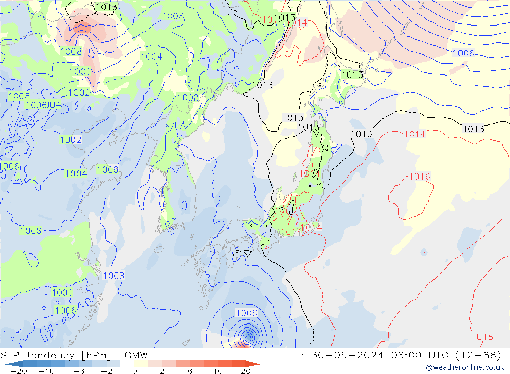 SLP tendency ECMWF Th 30.05.2024 06 UTC