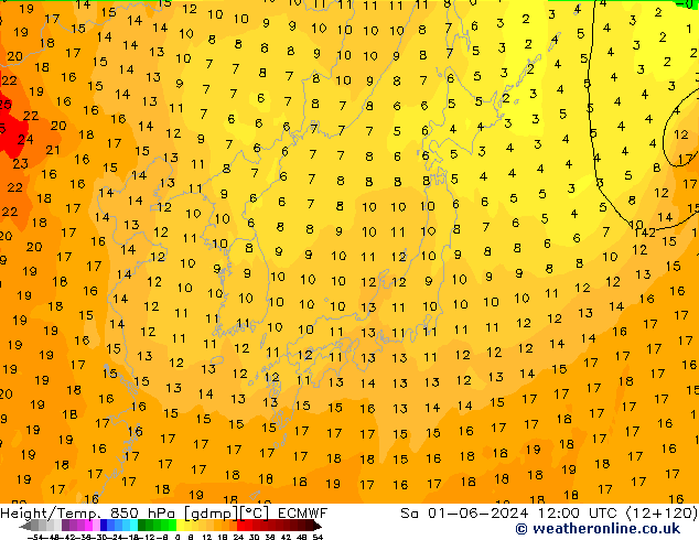 Height/Temp. 850 hPa ECMWF So 01.06.2024 12 UTC