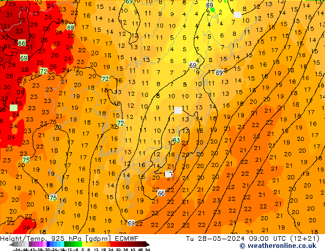 Height/Temp. 925 hPa ECMWF mar 28.05.2024 09 UTC