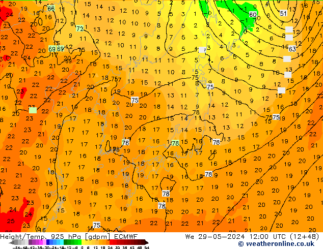 Geop./Temp. 925 hPa ECMWF mié 29.05.2024 12 UTC