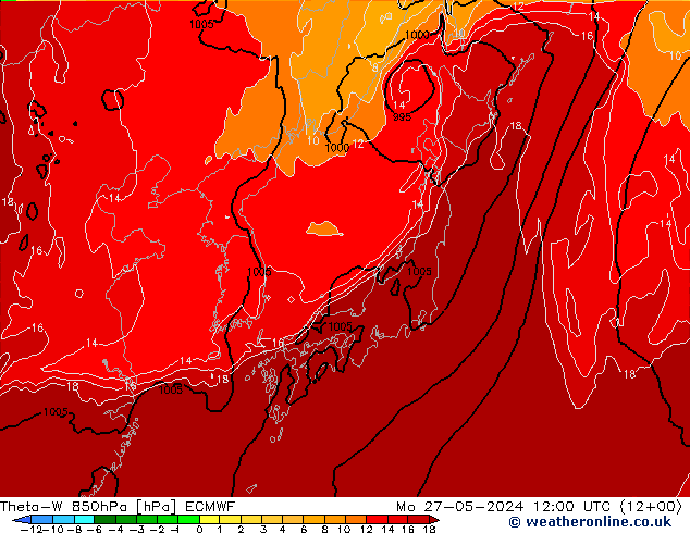 Theta-W 850hPa ECMWF pon. 27.05.2024 12 UTC