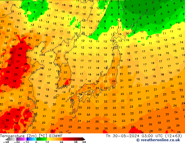 mapa temperatury (2m) ECMWF czw. 30.05.2024 03 UTC