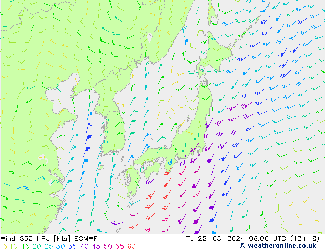 Wind 850 hPa ECMWF Út 28.05.2024 06 UTC