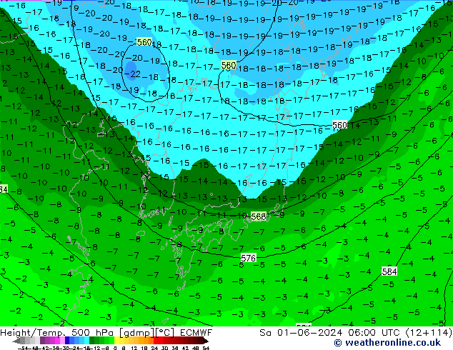 Height/Temp. 500 hPa ECMWF Sa 01.06.2024 06 UTC