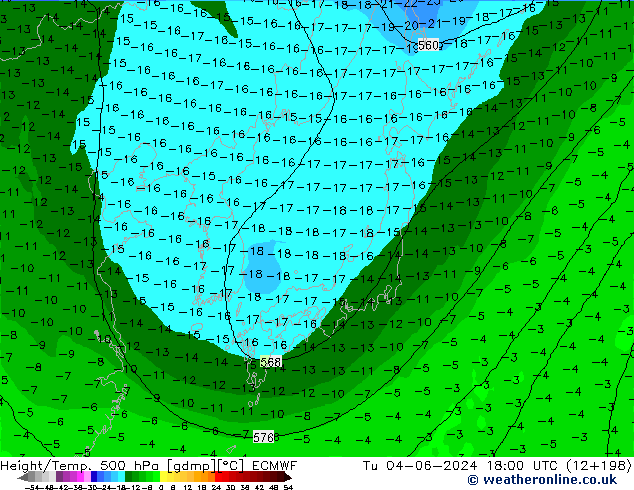 Z500/Rain (+SLP)/Z850 ECMWF wto. 04.06.2024 18 UTC