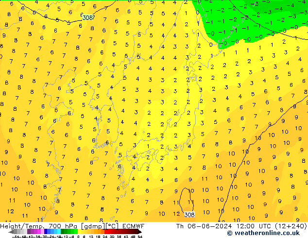 Height/Temp. 700 hPa ECMWF Qui 06.06.2024 12 UTC