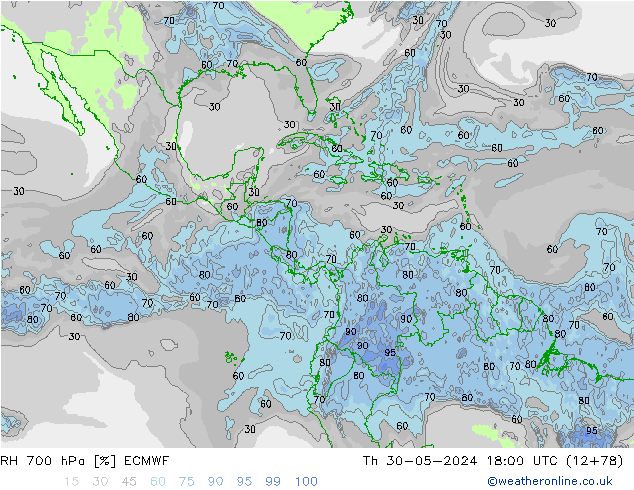 RH 700 hPa ECMWF Čt 30.05.2024 18 UTC