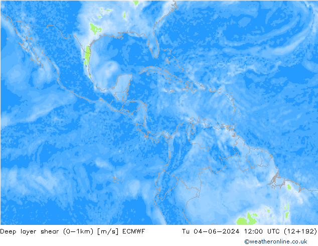 Deep layer shear (0-1km) ECMWF Tu 04.06.2024 12 UTC