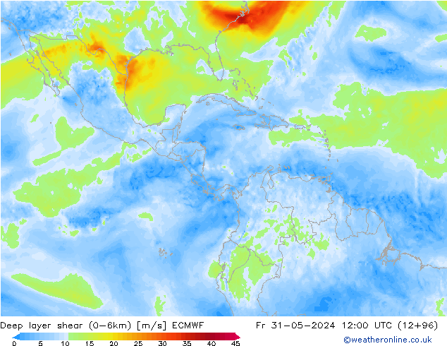 Deep layer shear (0-6km) ECMWF vie 31.05.2024 12 UTC