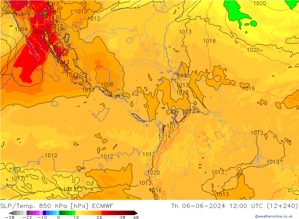 SLP/Temp. 850 hPa ECMWF Qui 06.06.2024 12 UTC