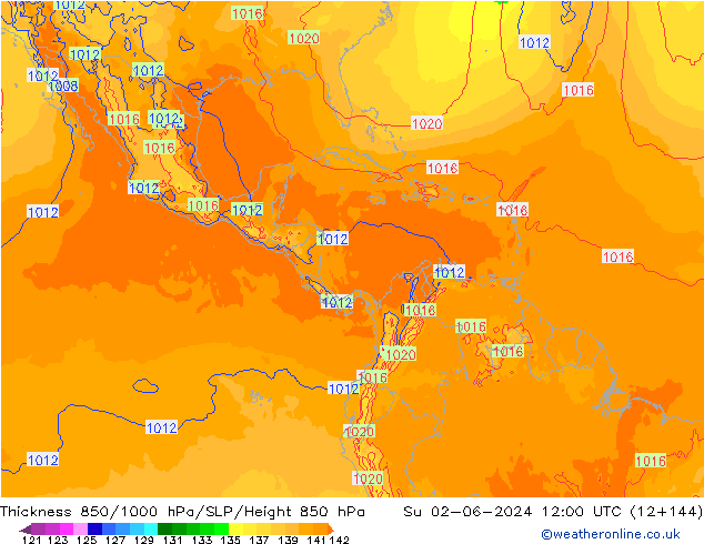 Dikte 850-1000 hPa ECMWF zo 02.06.2024 12 UTC