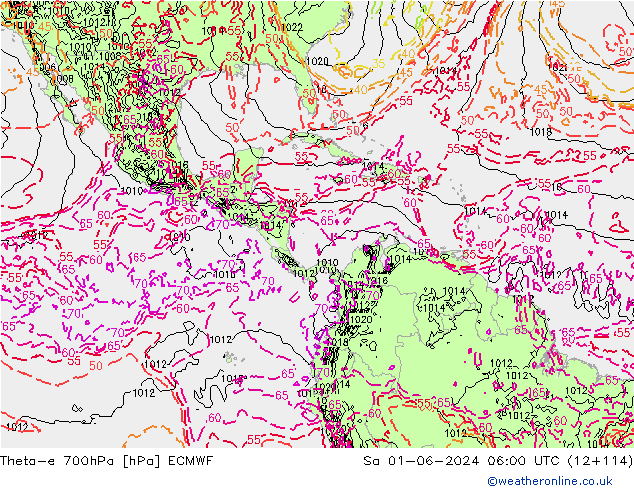 Theta-e 700hPa ECMWF Sa 01.06.2024 06 UTC