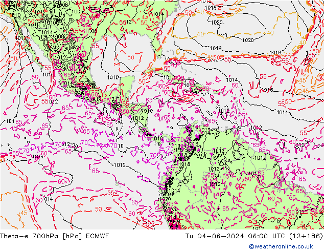 Theta-e 700hPa ECMWF wto. 04.06.2024 06 UTC