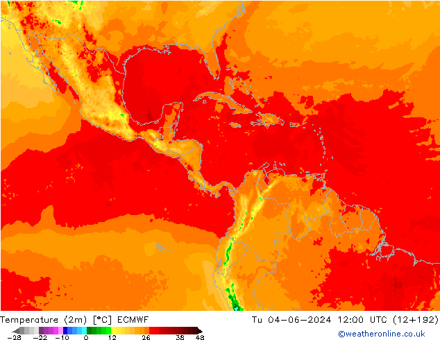 mapa temperatury (2m) ECMWF wto. 04.06.2024 12 UTC