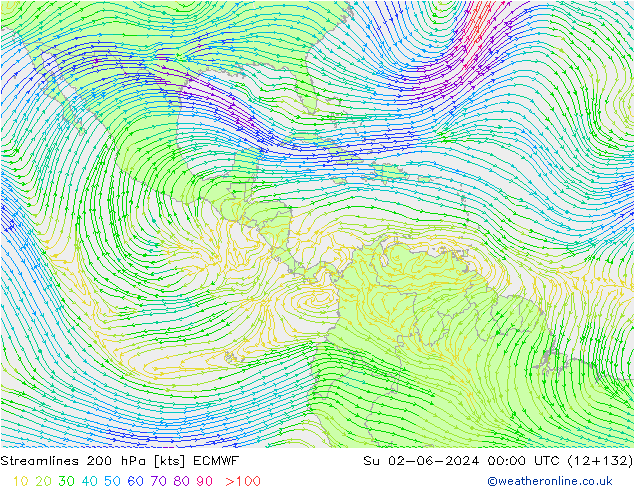 Linia prądu 200 hPa ECMWF nie. 02.06.2024 00 UTC