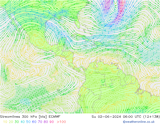 Linia prądu 300 hPa ECMWF nie. 02.06.2024 06 UTC