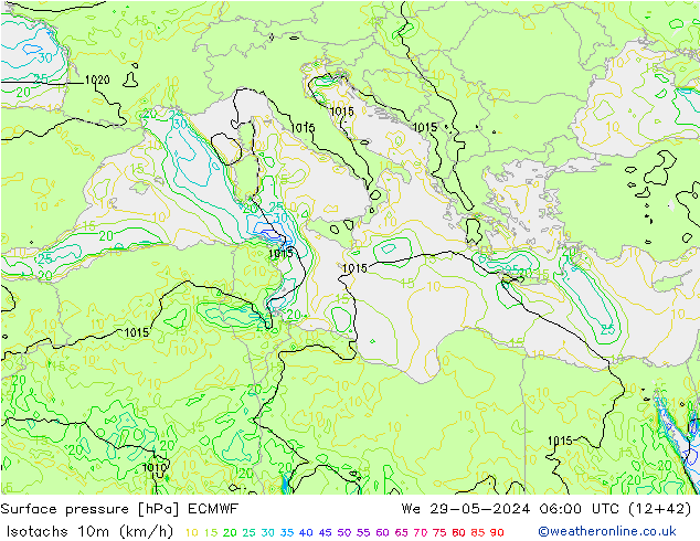 Isotachs (kph) ECMWF We 29.05.2024 06 UTC