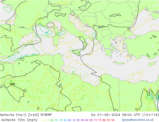 Isotachs (mph) ECMWF сб 01.06.2024 06 UTC