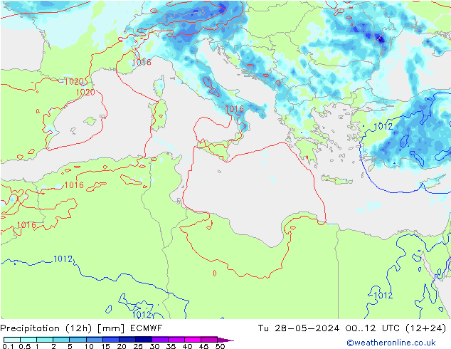 Precipitation (12h) ECMWF Tu 28.05.2024 12 UTC