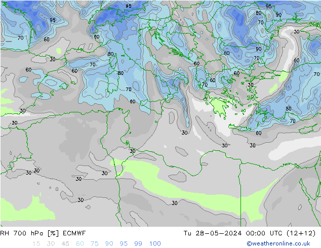 RH 700 hPa ECMWF mar 28.05.2024 00 UTC