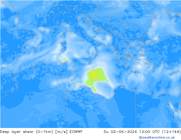 Deep layer shear (0-1km) ECMWF Su 02.06.2024 12 UTC