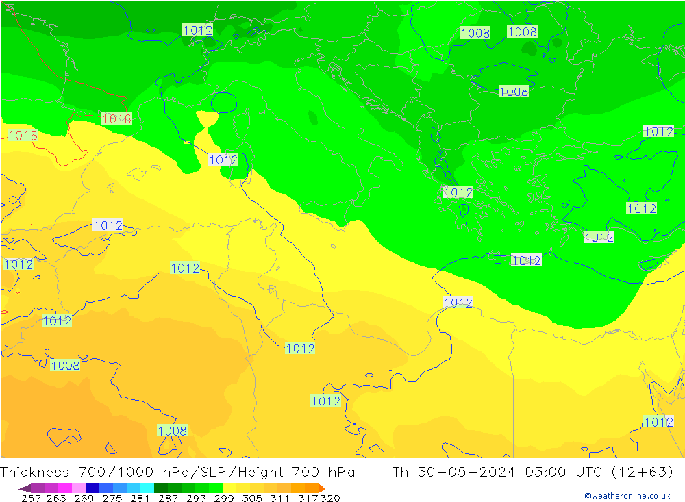 Thck 700-1000 hPa ECMWF gio 30.05.2024 03 UTC