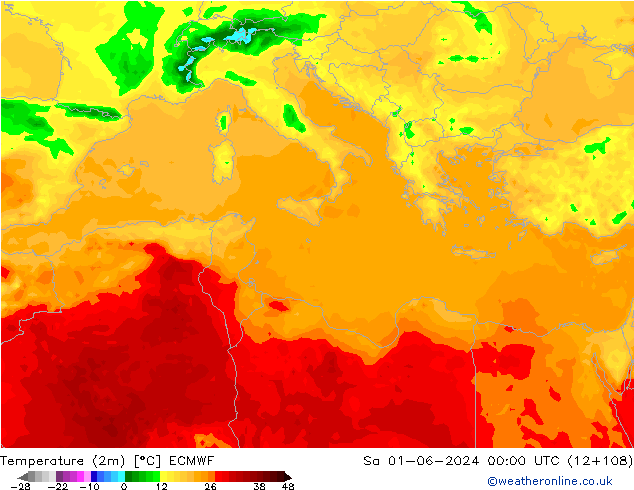 mapa temperatury (2m) ECMWF so. 01.06.2024 00 UTC