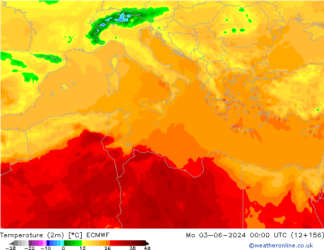 mapa temperatury (2m) ECMWF pon. 03.06.2024 00 UTC