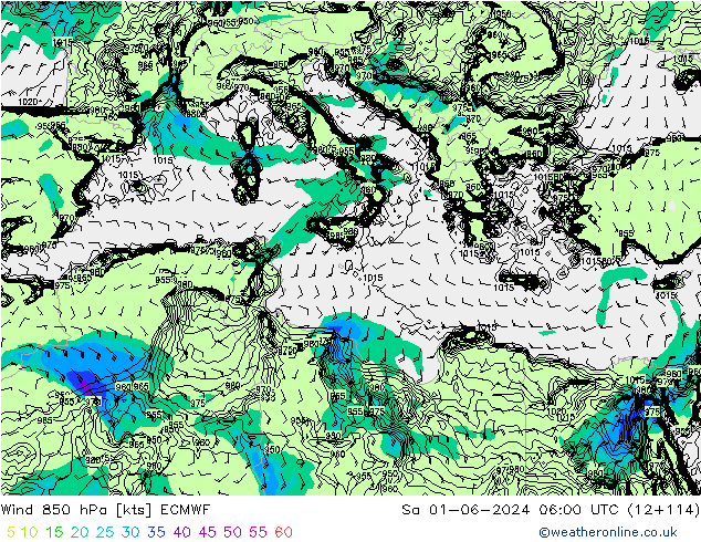 Wind 850 hPa ECMWF So 01.06.2024 06 UTC