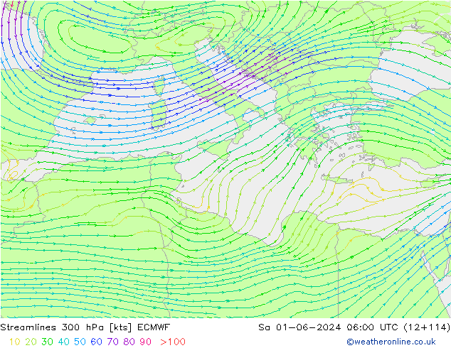 Linia prądu 300 hPa ECMWF so. 01.06.2024 06 UTC