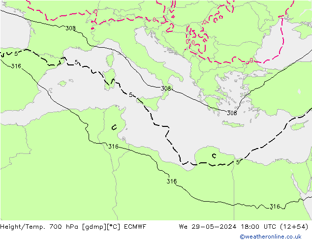 Height/Temp. 700 hPa ECMWF Qua 29.05.2024 18 UTC