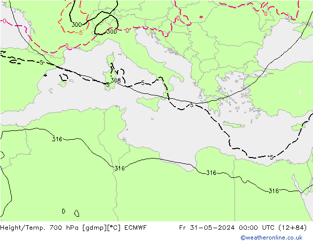 Hoogte/Temp. 700 hPa ECMWF vr 31.05.2024 00 UTC