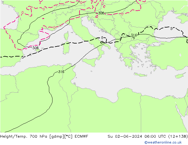 Hoogte/Temp. 700 hPa ECMWF zo 02.06.2024 06 UTC