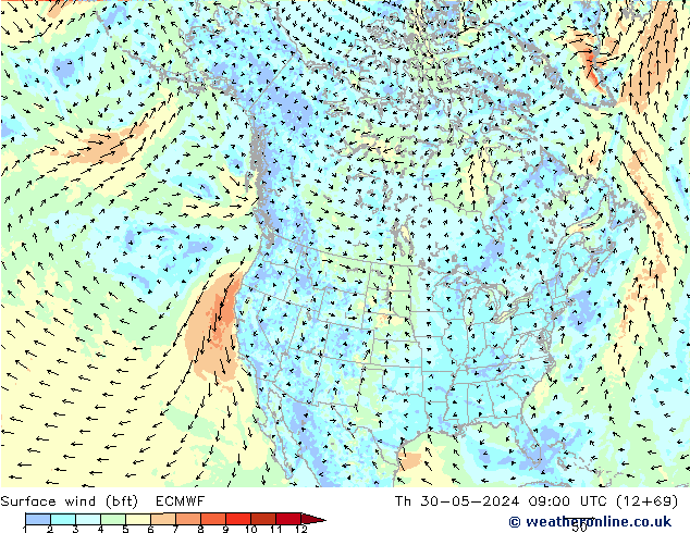 Vent 10 m (bft) ECMWF jeu 30.05.2024 09 UTC