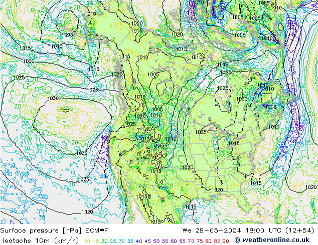 Isotachs (kph) ECMWF We 29.05.2024 18 UTC