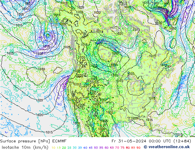 Isotachs (kph) ECMWF  31.05.2024 00 UTC