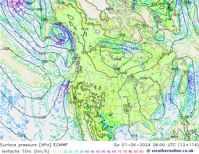 Isotaca (kph) ECMWF sáb 01.06.2024 06 UTC