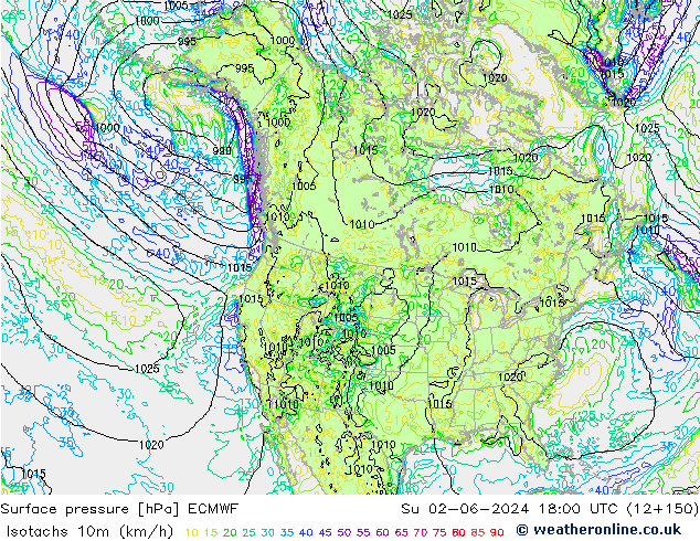 Isotachs (kph) ECMWF dim 02.06.2024 18 UTC