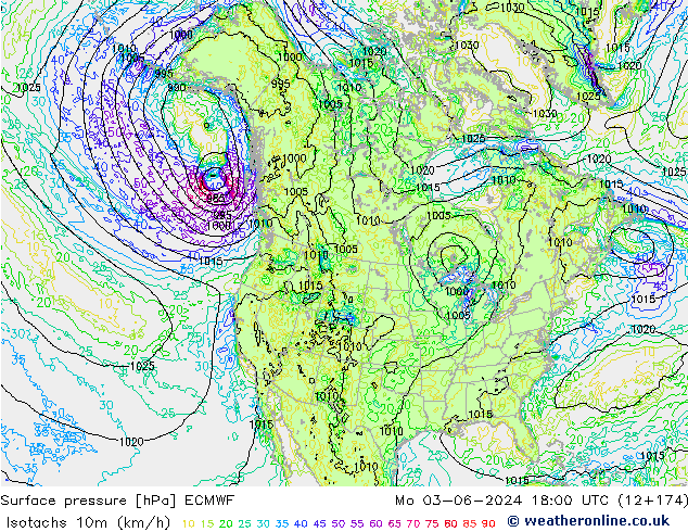 Isotachs (kph) ECMWF  03.06.2024 18 UTC