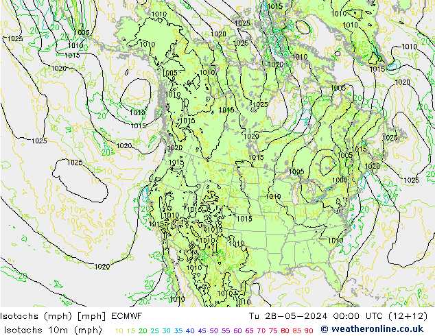 Isotachen (mph) ECMWF Di 28.05.2024 00 UTC