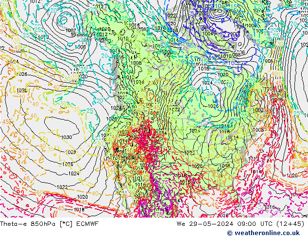 Theta-e 850hPa ECMWF We 29.05.2024 09 UTC