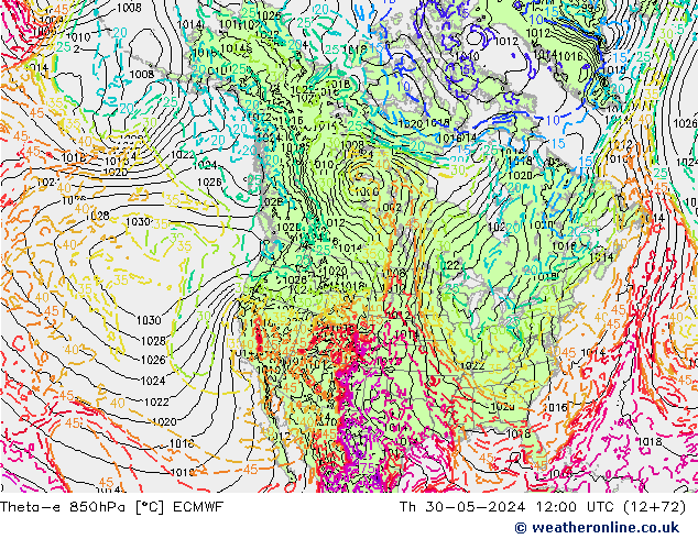 Theta-e 850hPa ECMWF czw. 30.05.2024 12 UTC