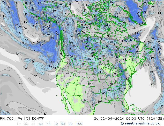 RH 700 hPa ECMWF Su 02.06.2024 06 UTC