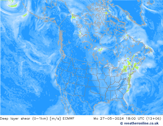 Deep layer shear (0-1km) ECMWF Mo 27.05.2024 18 UTC