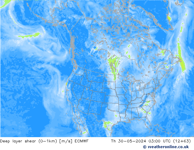 Deep layer shear (0-1km) ECMWF Čt 30.05.2024 03 UTC