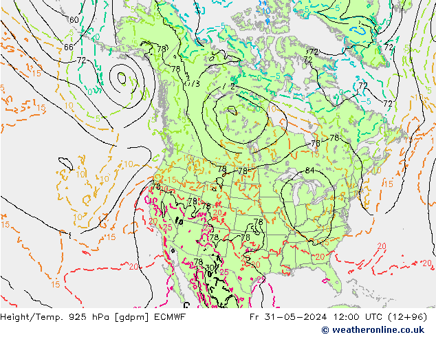 Height/Temp. 925 hPa ECMWF Pá 31.05.2024 12 UTC