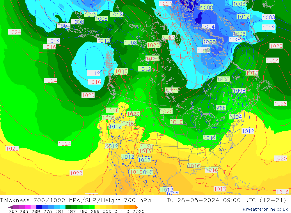 Thck 700-1000 гПа ECMWF вт 28.05.2024 09 UTC