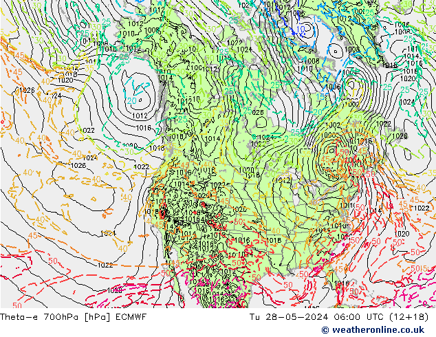 Theta-e 700hPa ECMWF mar 28.05.2024 06 UTC