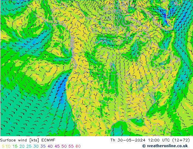 Surface wind ECMWF Čt 30.05.2024 12 UTC