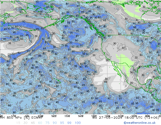 RH 850 hPa ECMWF pon. 27.05.2024 18 UTC